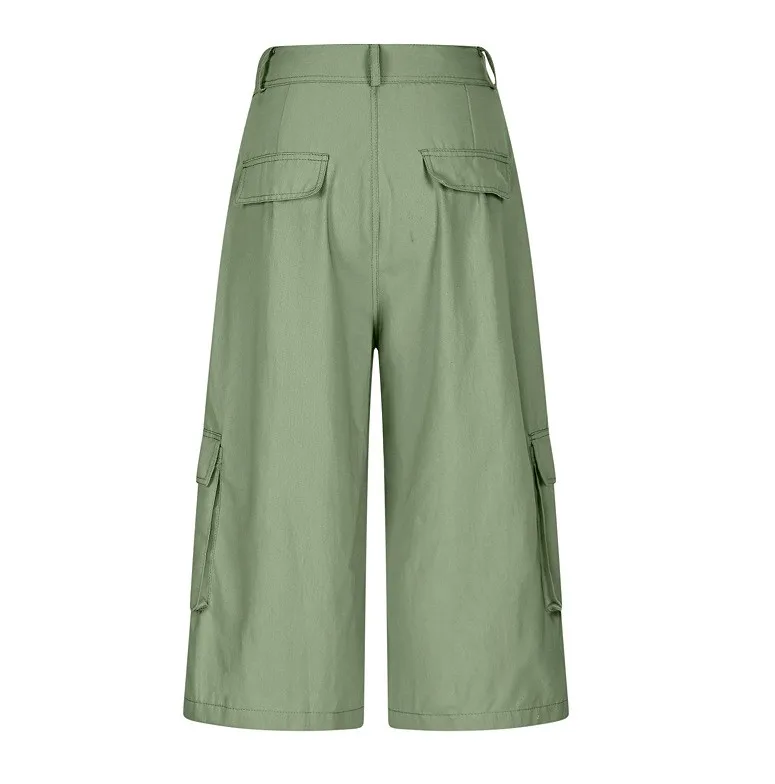Cargo Shorts Women Multi Pocket Wide Leg Capri Pants Mid Waist Loose Fit Woven Summer Casual Outdoor Bermuda 3/4 Length Trousers