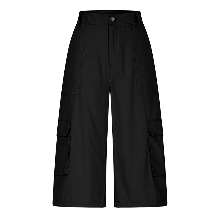 Cargo Shorts Women Multi Pocket Wide Leg Capri Pants Mid Waist Loose Fit Woven Summer Casual Outdoor Bermuda 3/4 Length Trousers