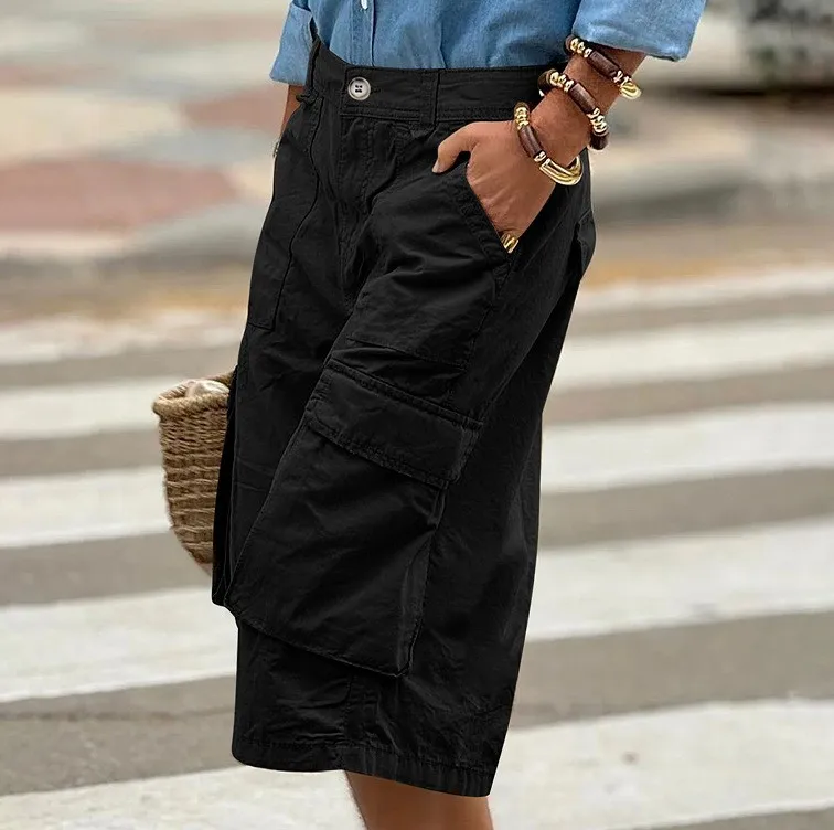 Cargo Shorts Women Multi Pocket Wide Leg Capri Pants Mid Waist Loose Fit Woven Summer Casual Outdoor Bermuda 3/4 Length Trousers