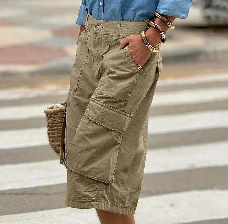 Cargo Shorts Women Multi Pocket Wide Leg Capri Pants Mid Waist Loose Fit Woven Summer Casual Outdoor Bermuda 3/4 Length Trousers
