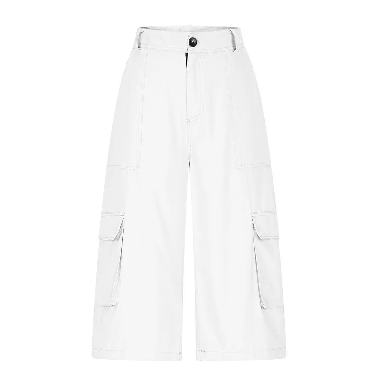 Cargo Shorts Women Multi Pocket Wide Leg Capri Pants Mid Waist Loose Fit Woven Summer Casual Outdoor Bermuda 3/4 Length Trousers