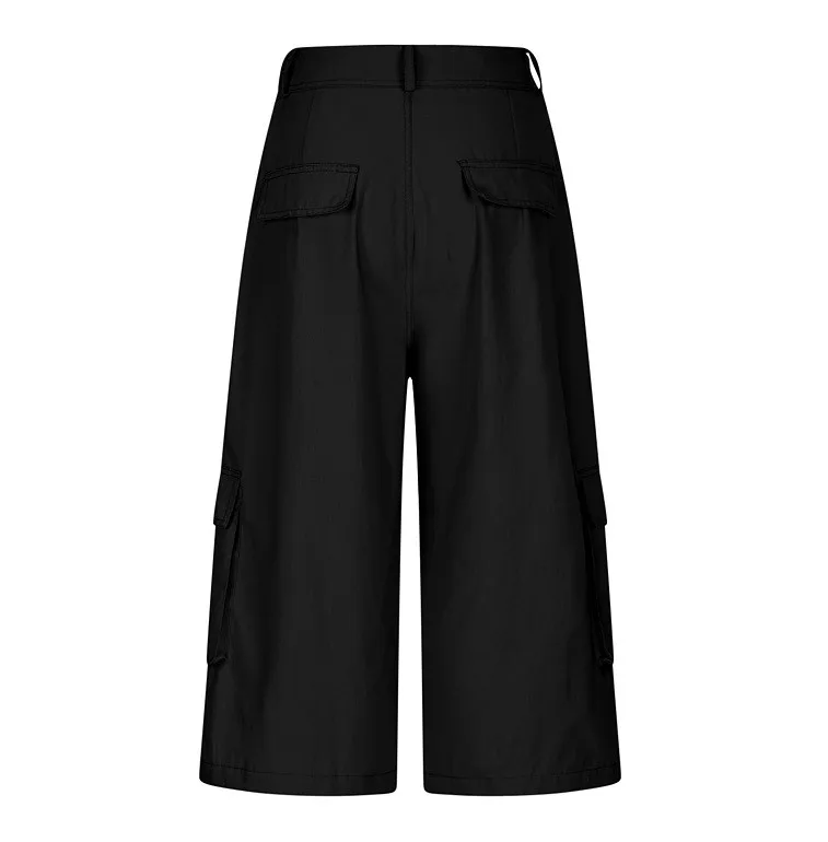 Cargo Shorts Women Multi Pocket Wide Leg Capri Pants Mid Waist Loose Fit Woven Summer Casual Outdoor Bermuda 3/4 Length Trousers