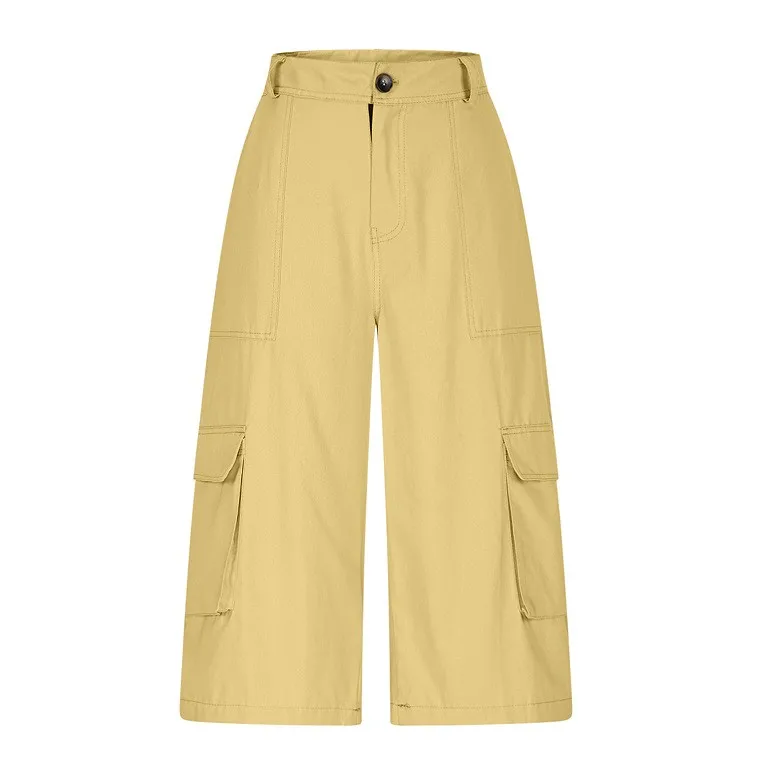 Cargo Shorts Women Multi Pocket Wide Leg Capri Pants Mid Waist Loose Fit Woven Summer Casual Outdoor Bermuda 3/4 Length Trousers
