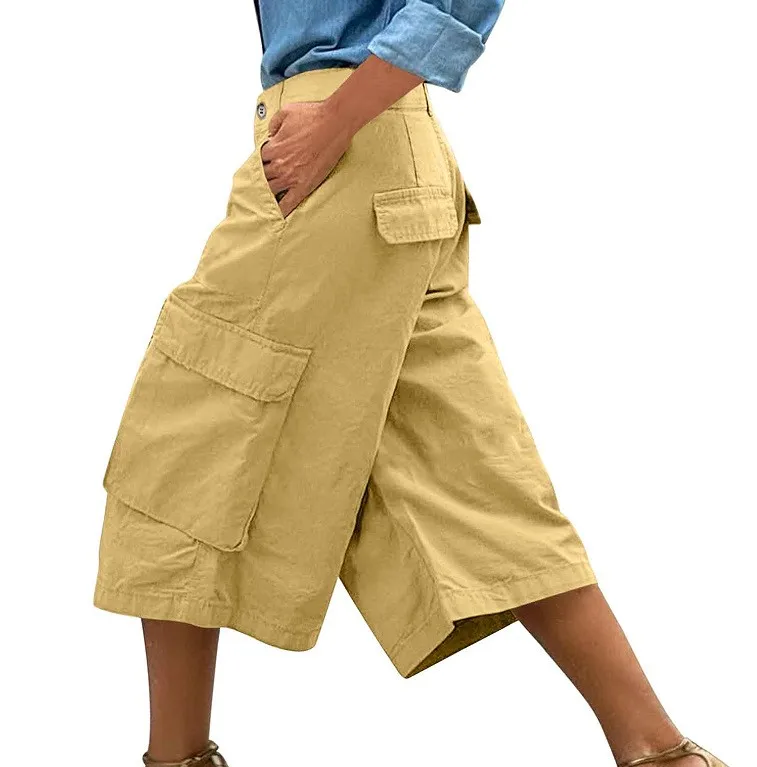 Cargo Shorts Women Multi Pocket Wide Leg Capri Pants Mid Waist Loose Fit Woven Summer Casual Outdoor Bermuda 3/4 Length Trousers
