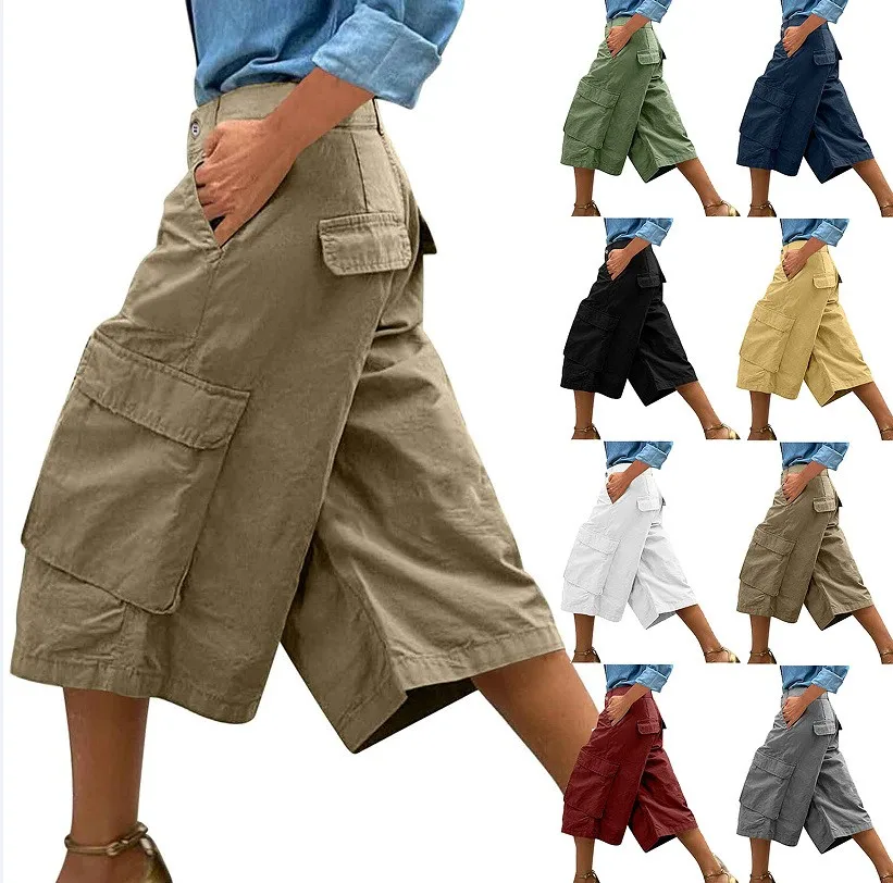 Cargo Shorts Women Multi Pocket Wide Leg Capri Pants Mid Waist Loose Fit Woven Summer Casual Outdoor Bermuda 3/4 Length Trousers