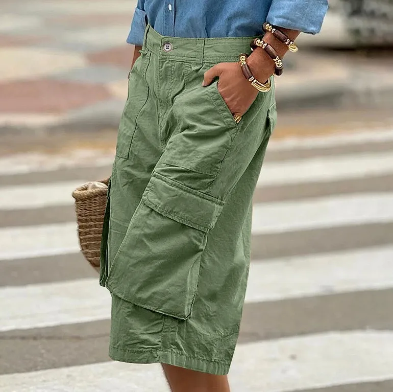 Cargo Shorts Women Multi Pocket Wide Leg Capri Pants Mid Waist Loose Fit Woven Summer Casual Outdoor Bermuda 3/4 Length Trousers