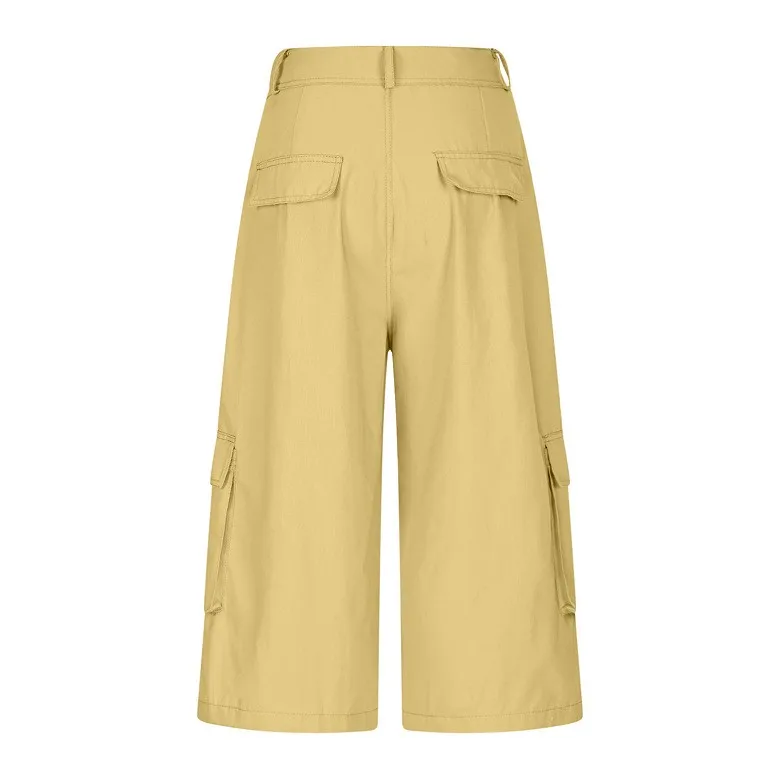 Cargo Shorts Women Multi Pocket Wide Leg Capri Pants Mid Waist Loose Fit Woven Summer Casual Outdoor Bermuda 3/4 Length Trousers