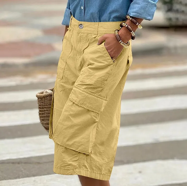 Cargo Shorts Women Multi Pocket Wide Leg Capri Pants Mid Waist Loose Fit Woven Summer Casual Outdoor Bermuda 3/4 Length Trousers