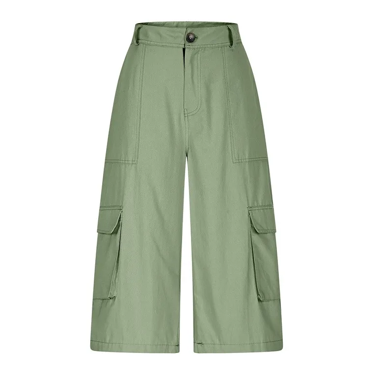 Cargo Shorts Women Multi Pocket Wide Leg Capri Pants Mid Waist Loose Fit Woven Summer Casual Outdoor Bermuda 3/4 Length Trousers