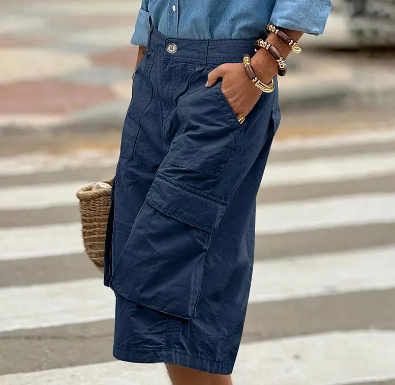 Cargo Shorts Women Multi Pocket Wide Leg Capri Pants Mid Waist Loose Fit Woven Summer Casual Outdoor Bermuda 3/4 Length Trousers