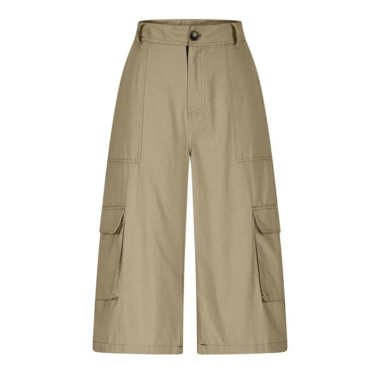 Cargo Shorts Women Multi Pocket Wide Leg Capri Pants Mid Waist Loose Fit Woven Summer Casual Outdoor Bermuda 3/4 Length Trousers