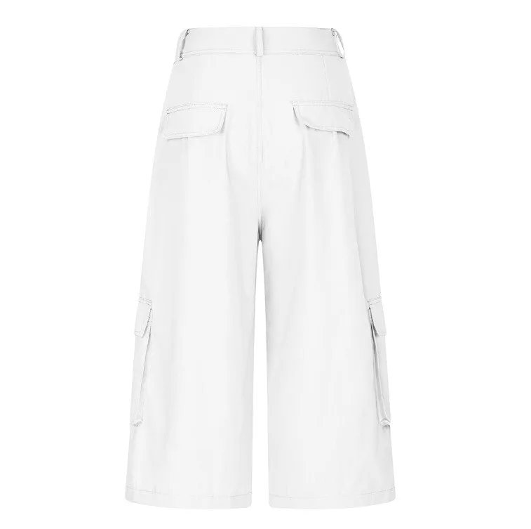 Cargo Shorts Women Multi Pocket Wide Leg Capri Pants Mid Waist Loose Fit Woven Summer Casual Outdoor Bermuda 3/4 Length Trousers