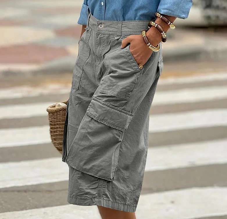 Cargo Shorts Women Multi Pocket Wide Leg Capri Pants Mid Waist Loose Fit Woven Summer Casual Outdoor Bermuda 3/4 Length Trousers