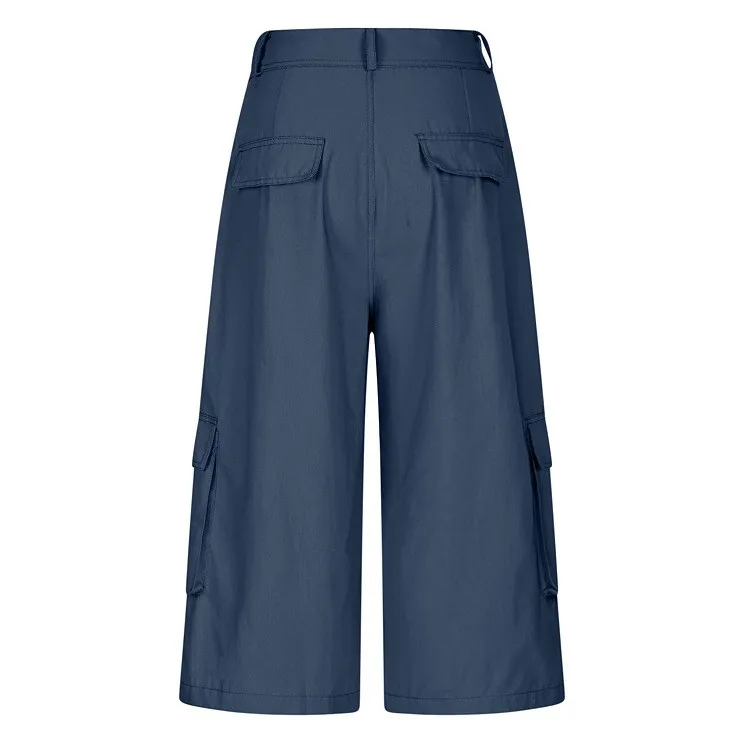 Cargo Shorts Women Multi Pocket Wide Leg Capri Pants Mid Waist Loose Fit Woven Summer Casual Outdoor Bermuda 3/4 Length Trousers