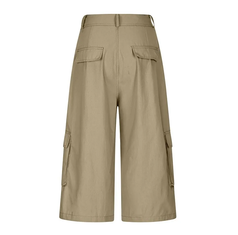 Cargo Shorts Women Multi Pocket Wide Leg Capri Pants Mid Waist Loose Fit Woven Summer Casual Outdoor Bermuda 3/4 Length Trousers