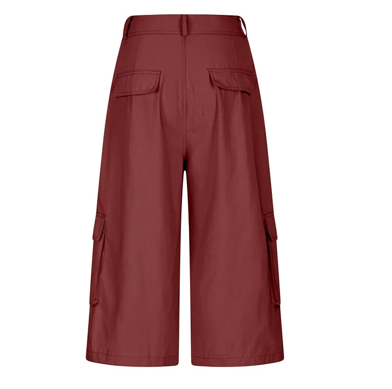 Cargo Shorts Women Multi Pocket Wide Leg Capri Pants Mid Waist Loose Fit Woven Summer Casual Outdoor Bermuda 3/4 Length Trousers