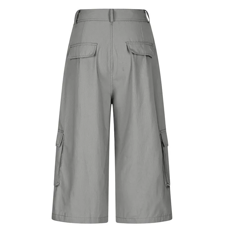 Cargo Shorts Women Multi Pocket Wide Leg Capri Pants Mid Waist Loose Fit Woven Summer Casual Outdoor Bermuda 3/4 Length Trousers