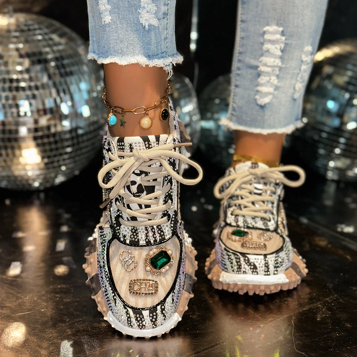 Women's Fashion Casual Shoes Water Diamond Thick Bottom Women's Sparkling Crystal Luxury Sports Shoes Designer Vulcanized Shoes