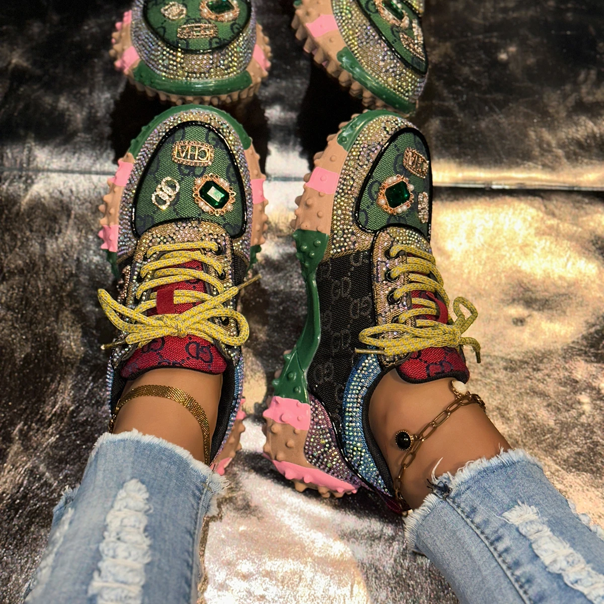 Women's Fashion Casual Shoes Water Diamond Thick Bottom Women's Sparkling Crystal Luxury Sports Shoes Designer Vulcanized Shoes