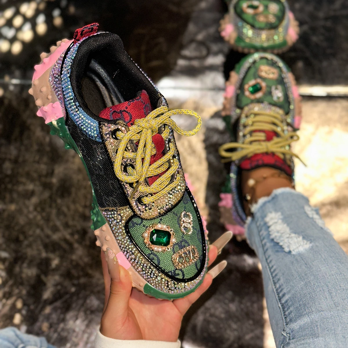 Women's Fashion Casual Shoes Water Diamond Thick Bottom Women's Sparkling Crystal Luxury Sports Shoes Designer Vulcanized Shoes