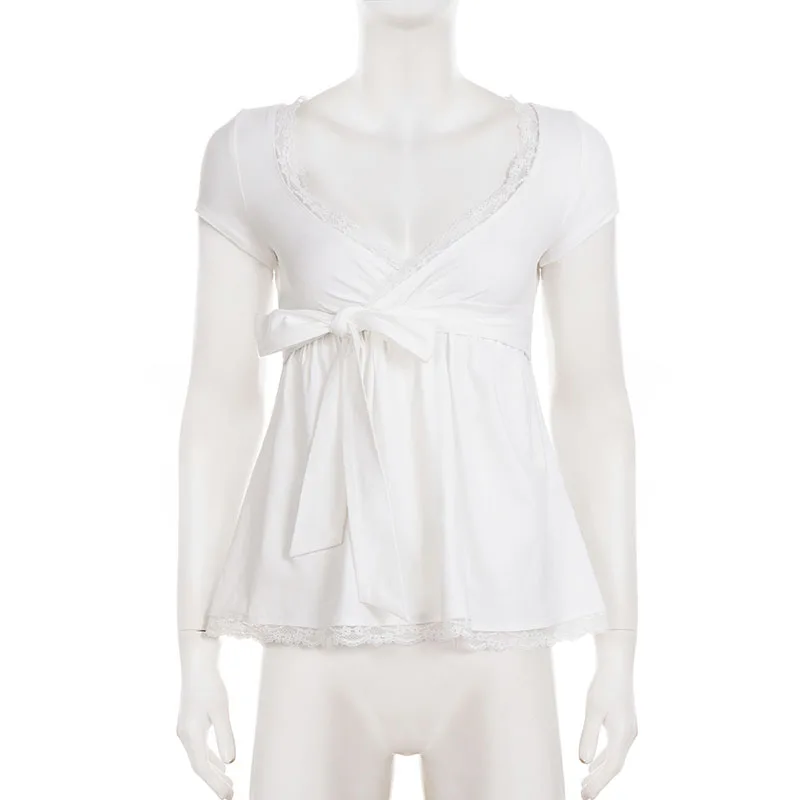 Korean Fashion V-Neck Lace Patchwork Short Sleeve T-Shirts Women's Elegant Waist-cinching With Bandage A-line Top Tees Fashion