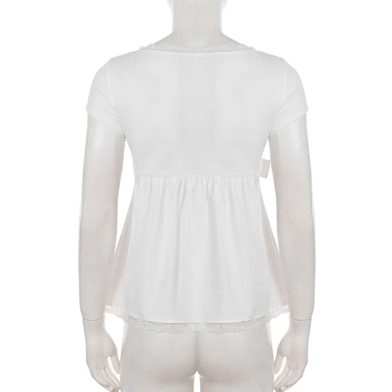 Korean Fashion V-Neck Lace Patchwork Short Sleeve T-Shirts Women's Elegant Waist-cinching With Bandage A-line Top Tees Fashion