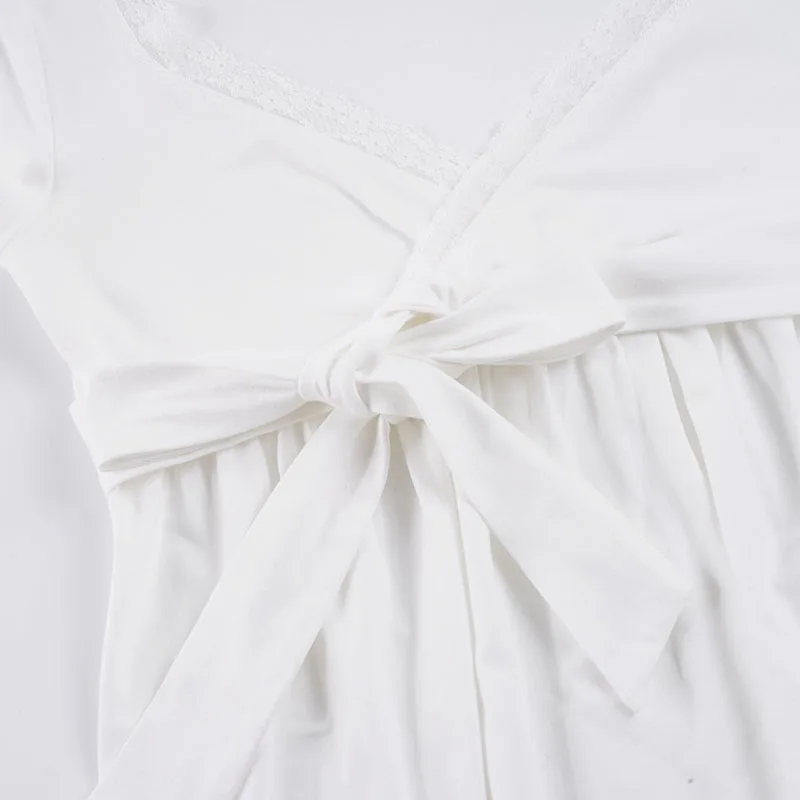 Korean Fashion V-Neck Lace Patchwork Short Sleeve T-Shirts Women's Elegant Waist-cinching With Bandage A-line Top Tees Fashion