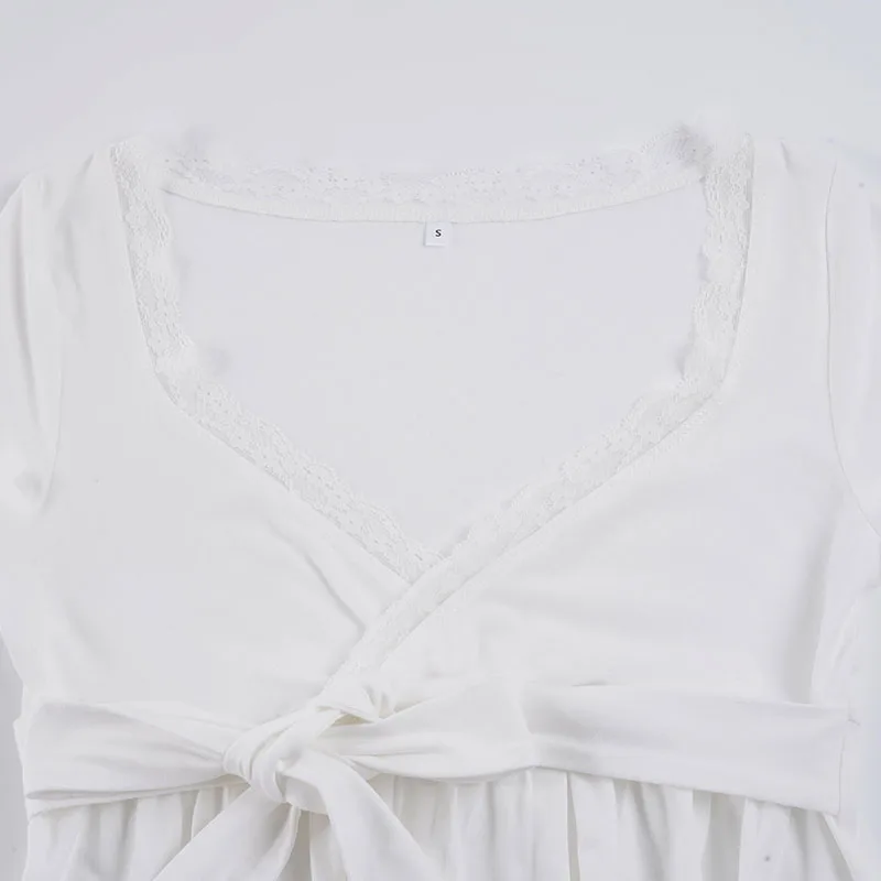 Korean Fashion V-Neck Lace Patchwork Short Sleeve T-Shirts Women's Elegant Waist-cinching With Bandage A-line Top Tees Fashion