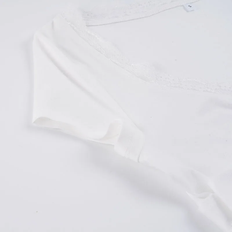 Korean Fashion V-Neck Lace Patchwork Short Sleeve T-Shirts Women's Elegant Waist-cinching With Bandage A-line Top Tees Fashion