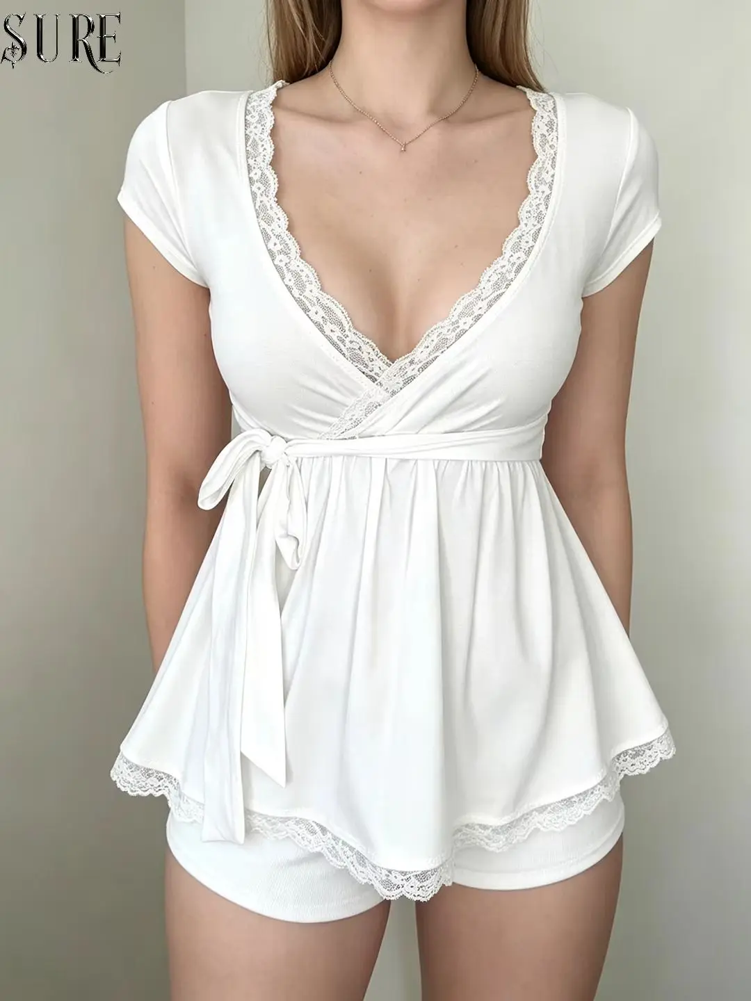 Korean Fashion V-Neck Lace Patchwork Short Sleeve T-Shirts Women's Elegant Waist-cinching With Bandage A-line Top Tees Fashion