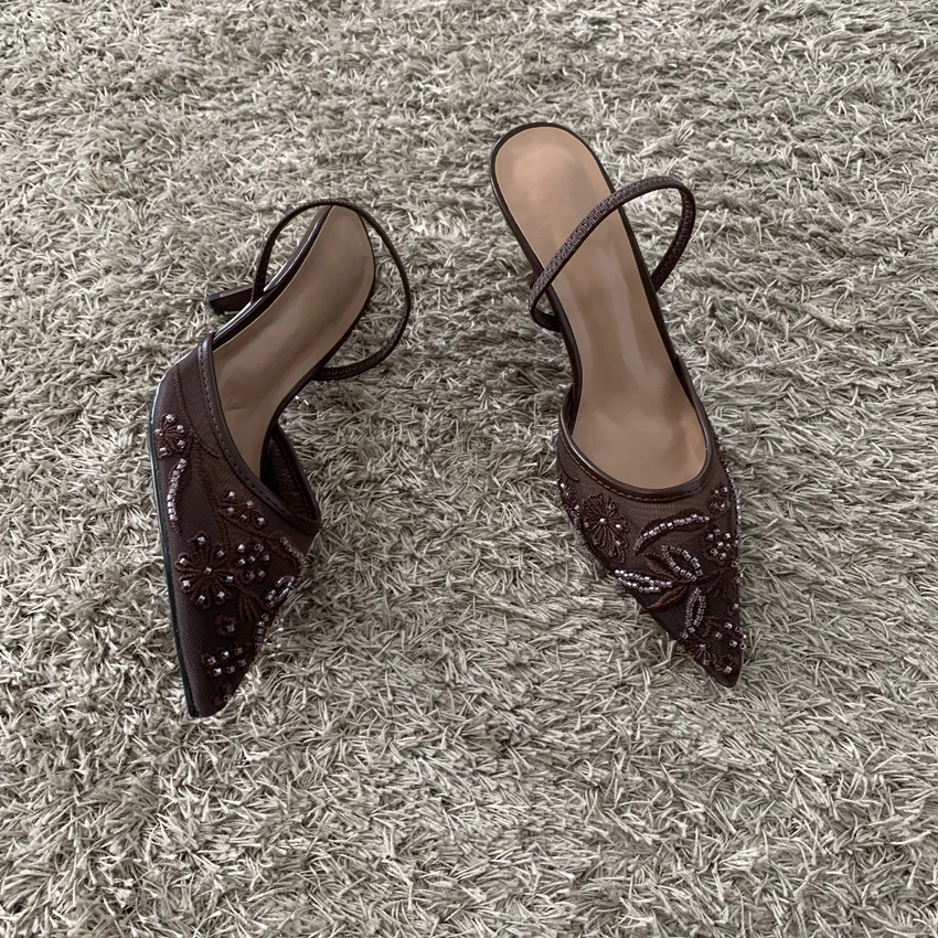 2026 String Bead Mesh Embroider Slingback High Heels Women Sexy Pointed Toe Heeled Sandals Summer Elegant Luxury Designer Shoes