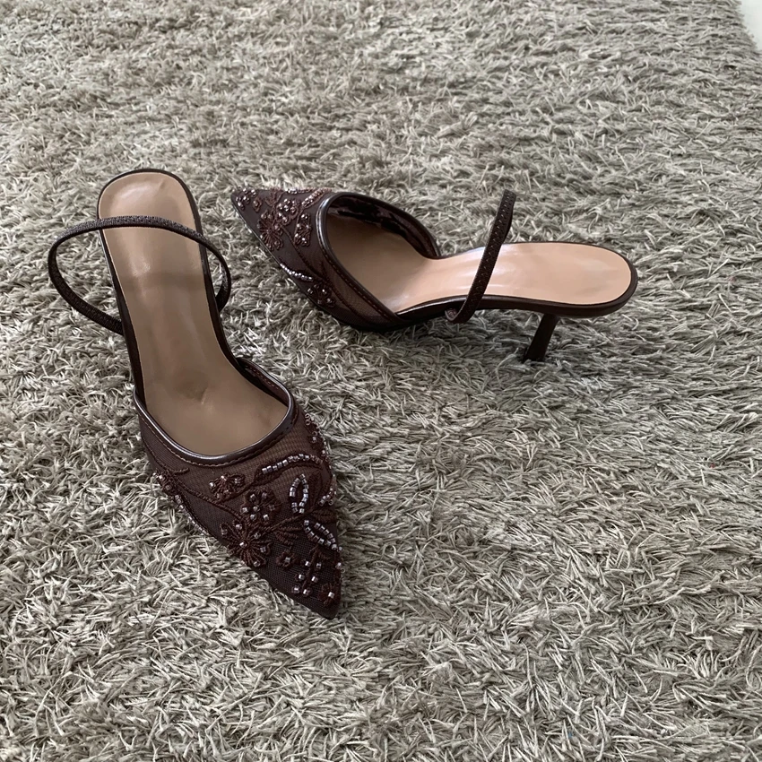 2026 String Bead Mesh Embroider Slingback High Heels Women Sexy Pointed Toe Heeled Sandals Summer Elegant Luxury Designer Shoes