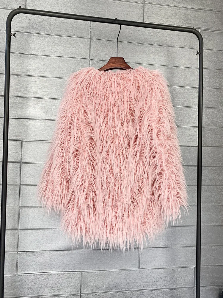 Women's Fur Coat Colorful Furry Pink Lamb Wool Faux Fur Coat Female Shaggy Sheepskin Coat Winter Artificial Fur Jacket