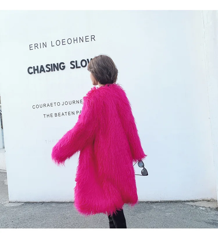 Women's Fur Coat Colorful Furry Pink Lamb Wool Faux Fur Coat Female Shaggy Sheepskin Coat Winter Artificial Fur Jacket