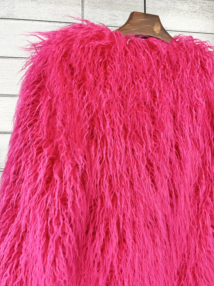Women's Fur Coat Colorful Furry Pink Lamb Wool Faux Fur Coat Female Shaggy Sheepskin Coat Winter Artificial Fur Jacket