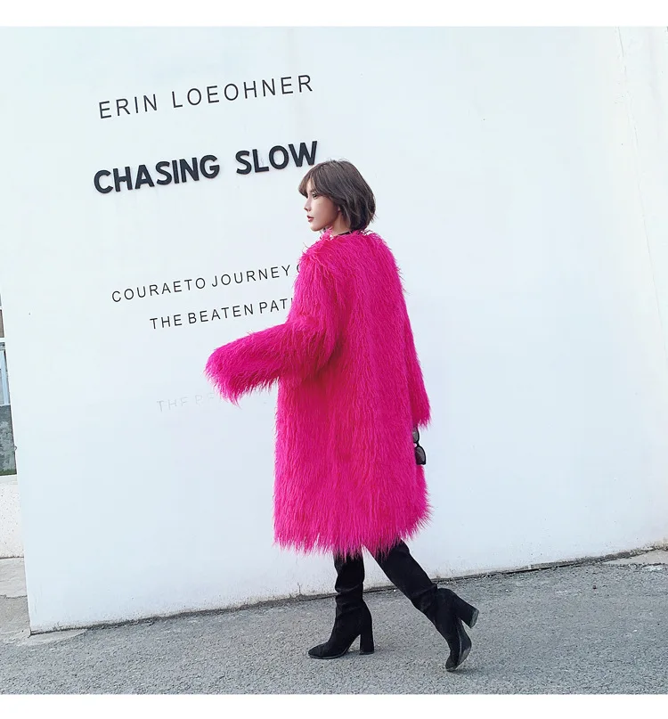 Women's Fur Coat Colorful Furry Pink Lamb Wool Faux Fur Coat Female Shaggy Sheepskin Coat Winter Artificial Fur Jacket