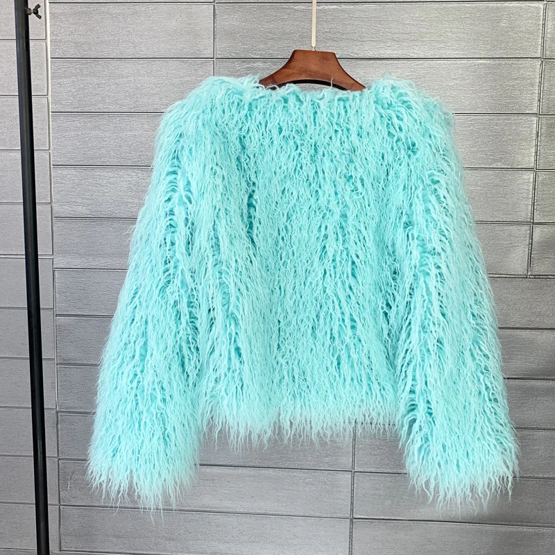 Women's Fur Coat Colorful Furry Pink Lamb Wool Faux Fur Coat Female Shaggy Sheepskin Coat Winter Artificial Fur Jacket
