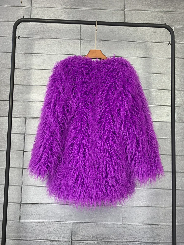Women's Fur Coat Colorful Furry Pink Lamb Wool Faux Fur Coat Female Shaggy Sheepskin Coat Winter Artificial Fur Jacket