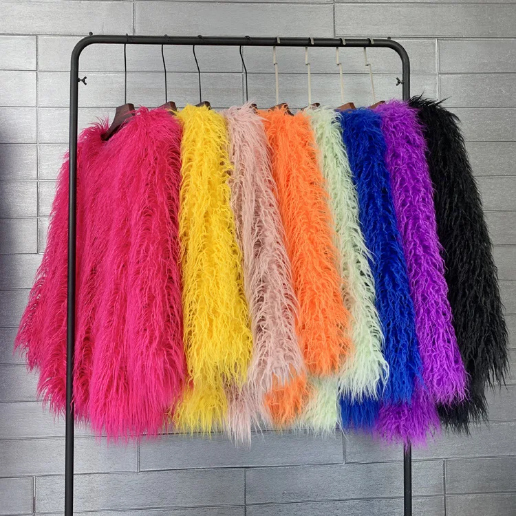 Women's Fur Coat Colorful Furry Pink Lamb Wool Faux Fur Coat Female Shaggy Sheepskin Coat Winter Artificial Fur Jacket