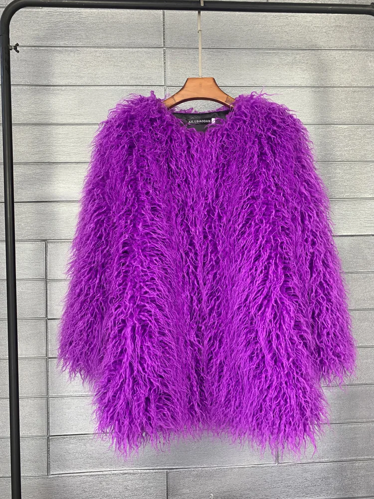 Women's Fur Coat Colorful Furry Pink Lamb Wool Faux Fur Coat Female Shaggy Sheepskin Coat Winter Artificial Fur Jacket