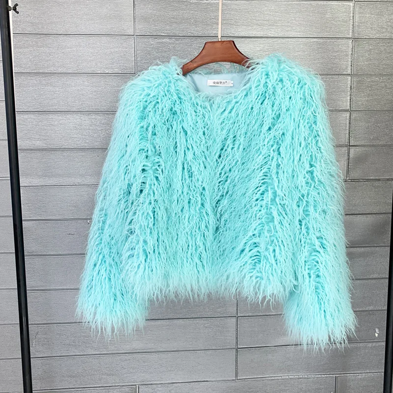 Women's Fur Coat Colorful Furry Pink Lamb Wool Faux Fur Coat Female Shaggy Sheepskin Coat Winter Artificial Fur Jacket