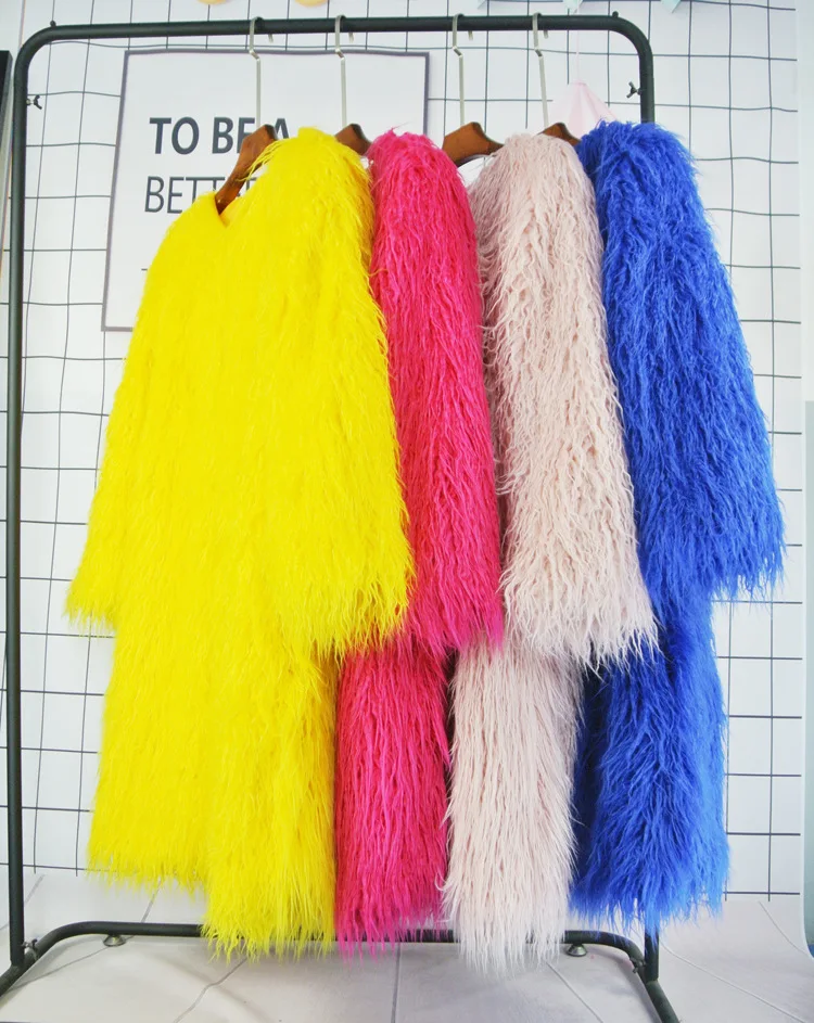 Women's Fur Coat Colorful Furry Pink Lamb Wool Faux Fur Coat Female Shaggy Sheepskin Coat Winter Artificial Fur Jacket
