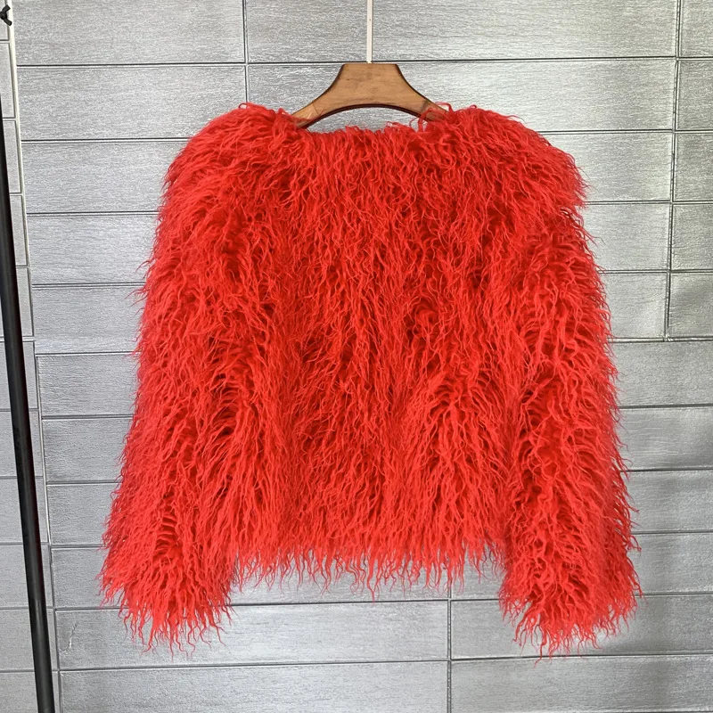 Women's Fur Coat Colorful Furry Pink Lamb Wool Faux Fur Coat Female Shaggy Sheepskin Coat Winter Artificial Fur Jacket