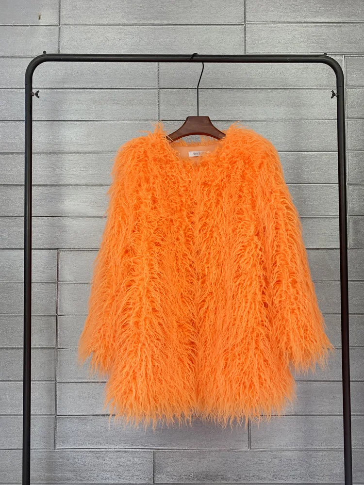 Women's Fur Coat Colorful Furry Pink Lamb Wool Faux Fur Coat Female Shaggy Sheepskin Coat Winter Artificial Fur Jacket
