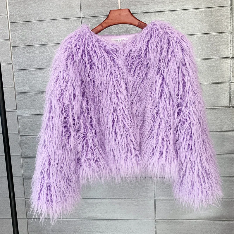 Women's Fur Coat Colorful Furry Pink Lamb Wool Faux Fur Coat Female Shaggy Sheepskin Coat Winter Artificial Fur Jacket