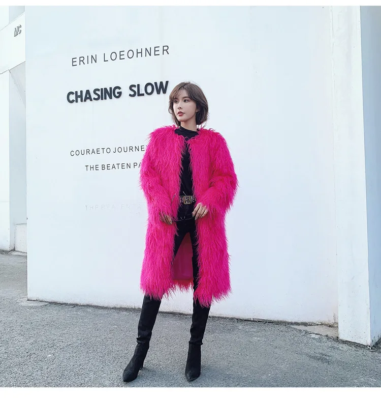 Women's Fur Coat Colorful Furry Pink Lamb Wool Faux Fur Coat Female Shaggy Sheepskin Coat Winter Artificial Fur Jacket