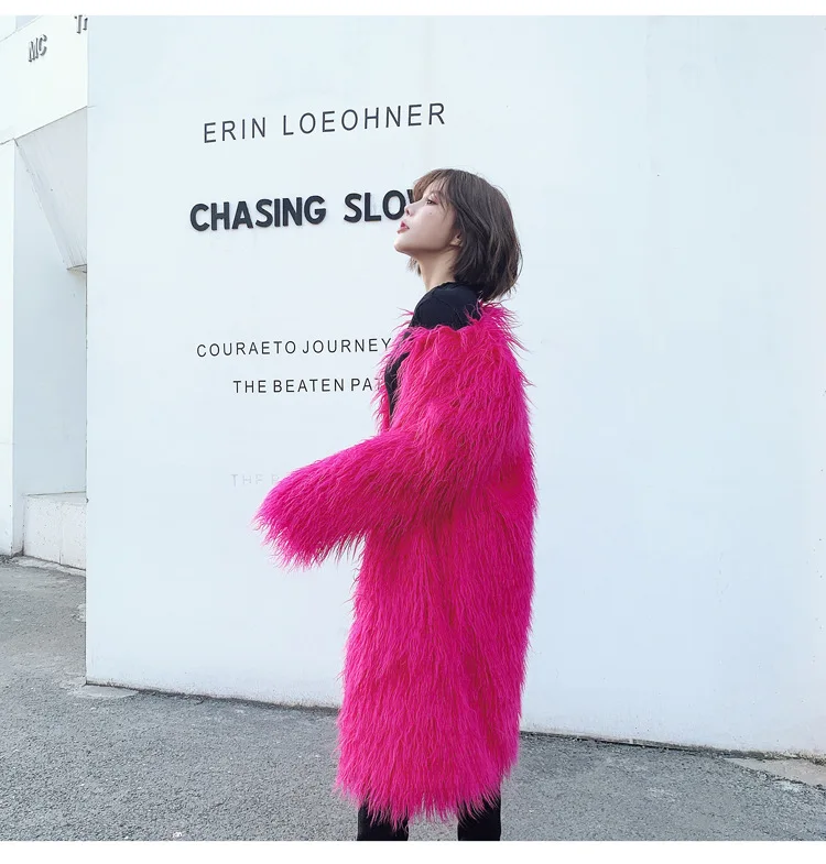 Women's Fur Coat Colorful Furry Pink Lamb Wool Faux Fur Coat Female Shaggy Sheepskin Coat Winter Artificial Fur Jacket