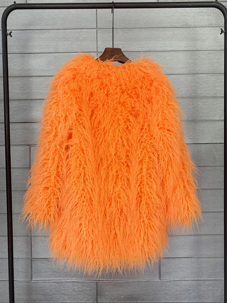 Women's Fur Coat Colorful Furry Pink Lamb Wool Faux Fur Coat Female Shaggy Sheepskin Coat Winter Artificial Fur Jacket