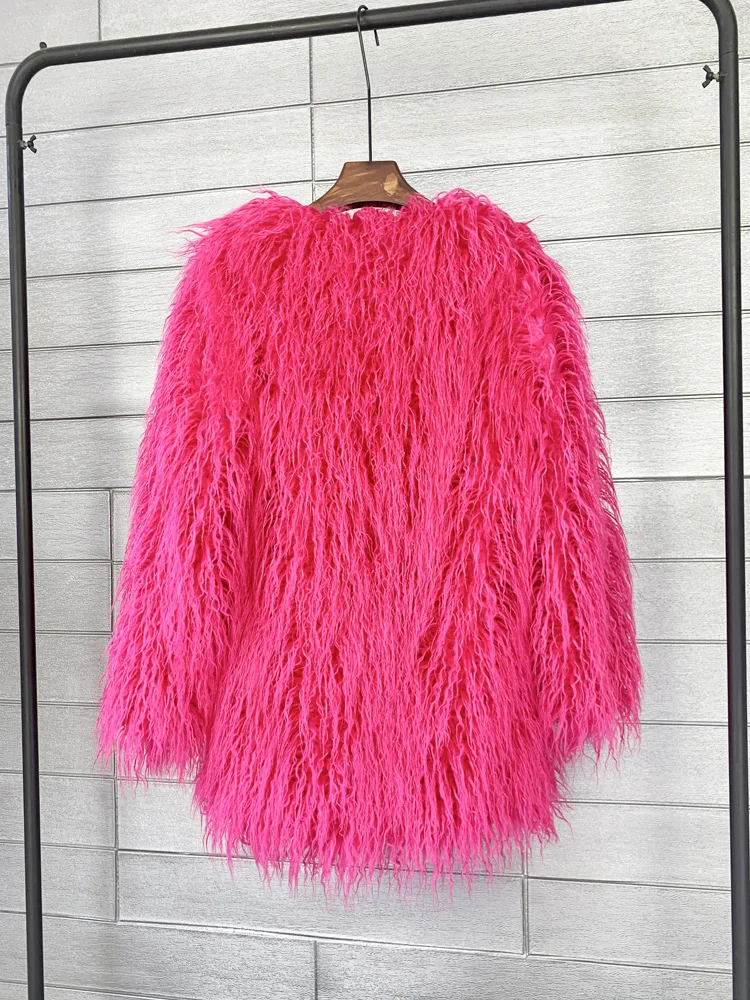 Women's Fur Coat Colorful Furry Pink Lamb Wool Faux Fur Coat Female Shaggy Sheepskin Coat Winter Artificial Fur Jacket
