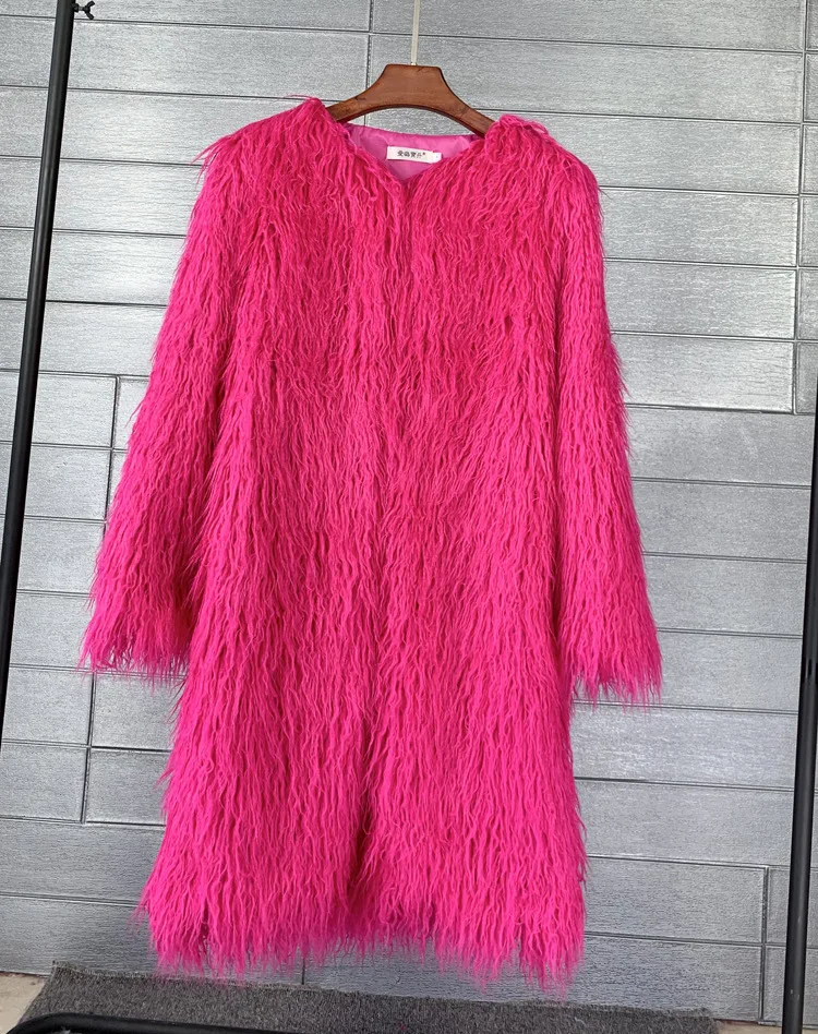 Women's Fur Coat Colorful Furry Pink Lamb Wool Faux Fur Coat Female Shaggy Sheepskin Coat Winter Artificial Fur Jacket